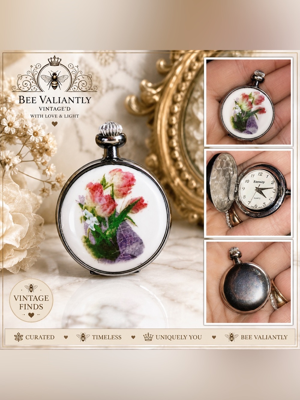 Modern Eternity Floral Enamel Pocket Watch Pendant in White, Pink, Green, Purple